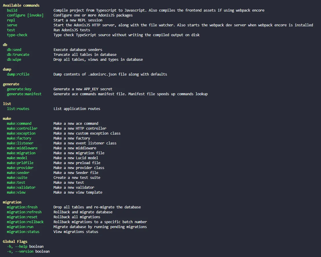Ace fournit des commandes pour chaque module d’AdonisJS