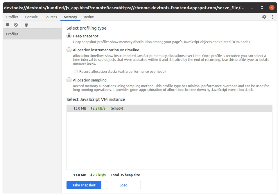 Premier heap snapshot dans Chrome DevTools
