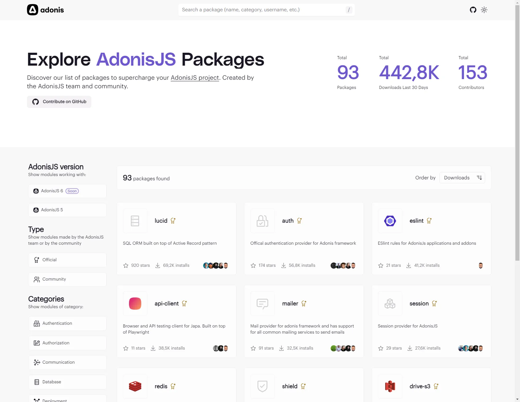 Le site packages.adonisjs.com fournit une multitude de modules
