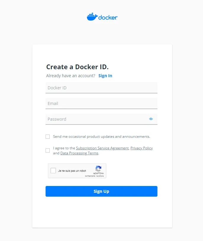 La page d'inscription sur Docker Hub est très simple